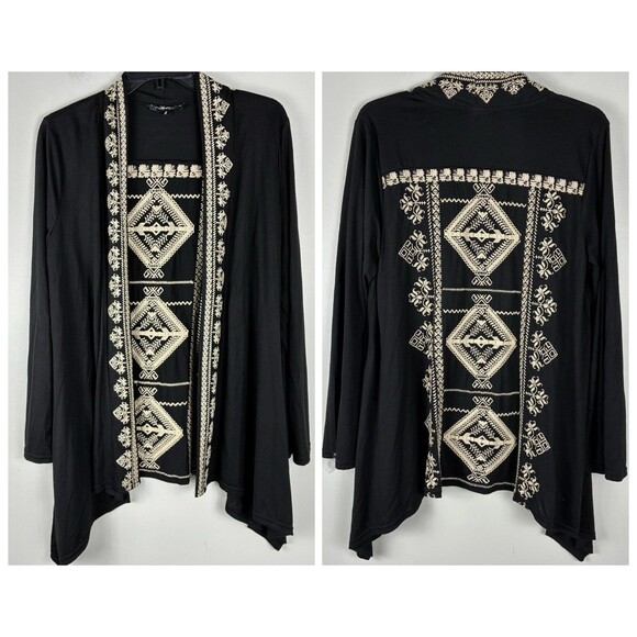 Andree By Unit Embroidered Kimono Cardigan Top Sz S Black Open Front Boho Artsy - Picture 1 of 8